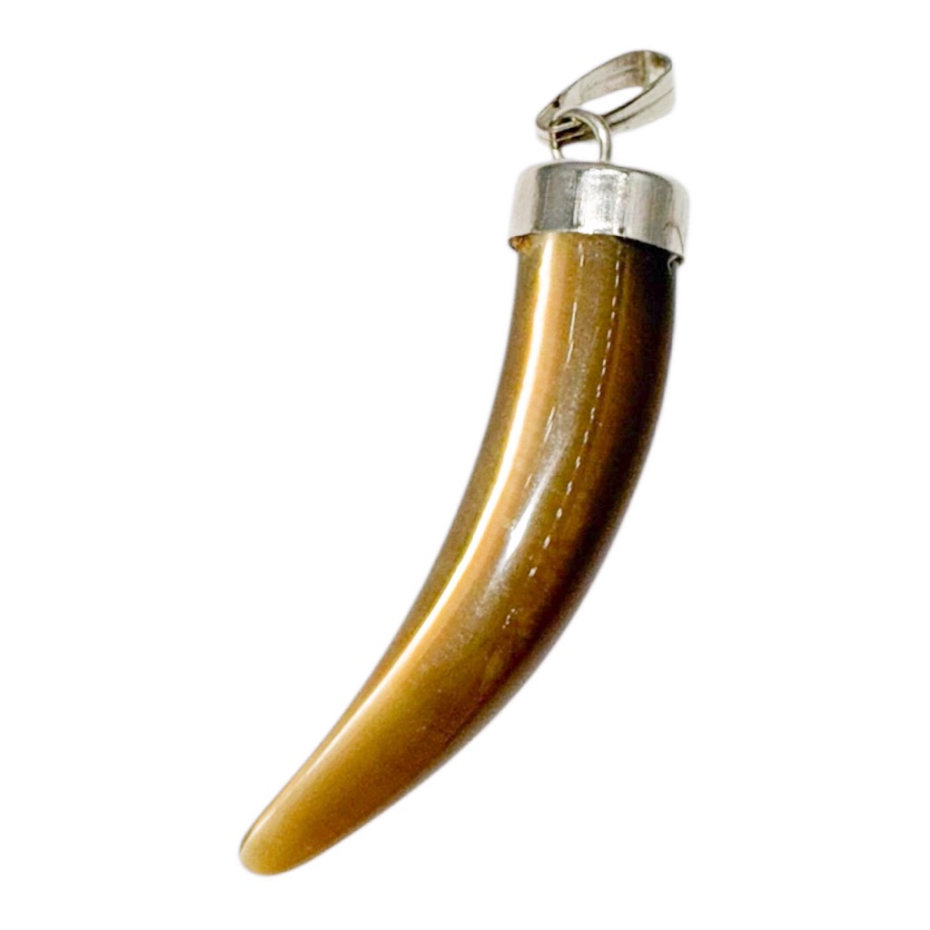 Vintage Tiger’s Eye Italian Horn Pendant W Silverplated Cap